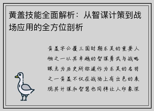 黄盖技能全面解析：从智谋计策到战场应用的全方位剖析