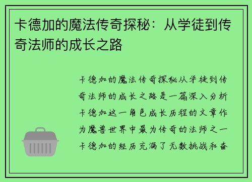 卡德加的魔法传奇探秘：从学徒到传奇法师的成长之路